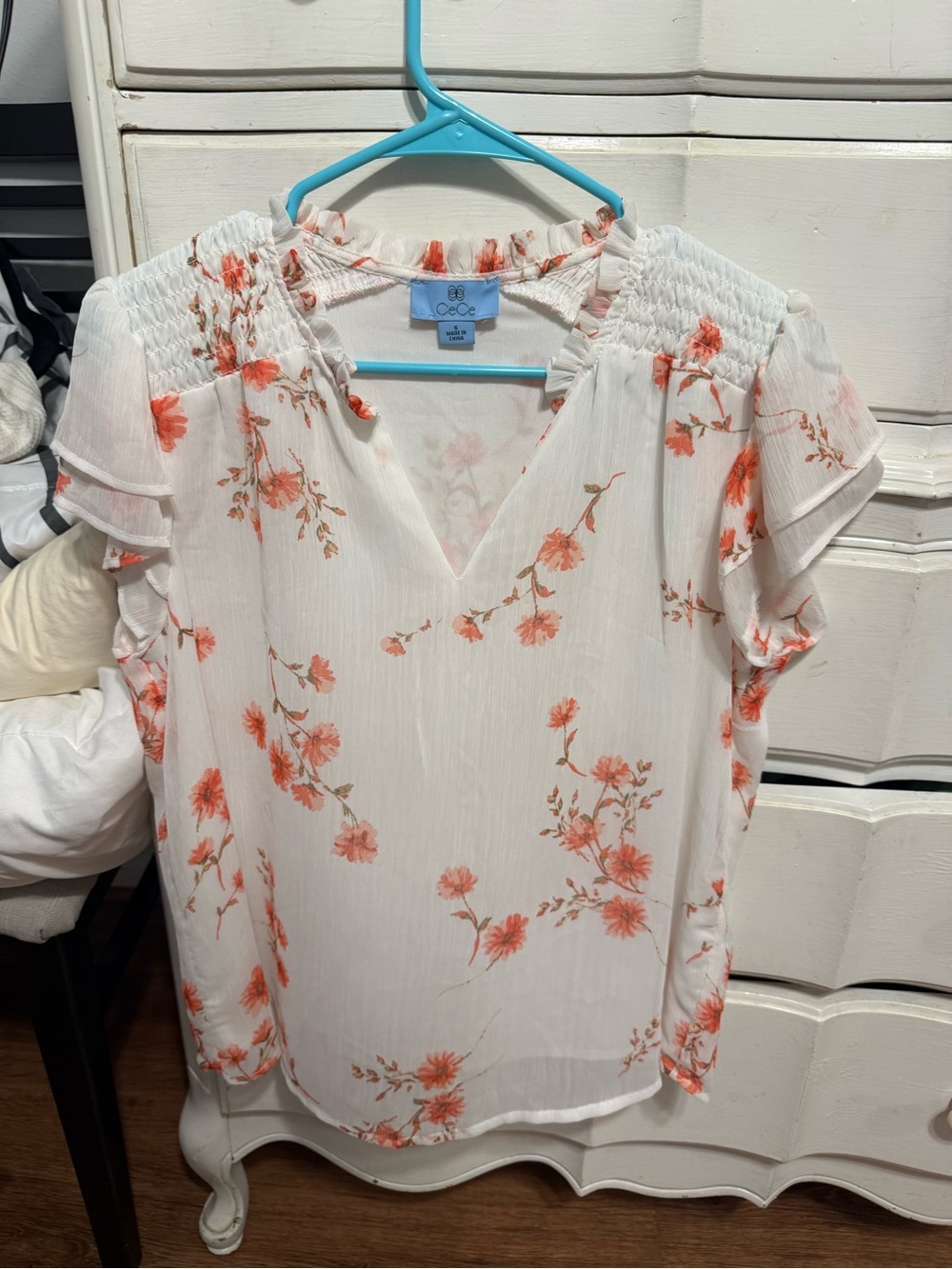 CeCe White Blouse with Coral Floral Print and Smocked Yoke